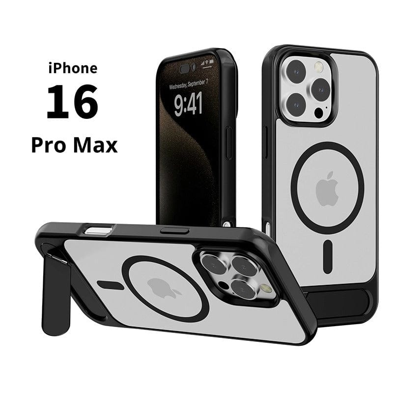 A front and back view of the MagSafe Compatible iPhone 16 Pro Max Case with Kickstand, showcasing its slim, protective design. The front display shows the time as 9:41, emphasizing the sleek design of the iPhone 16 Pro Max case.