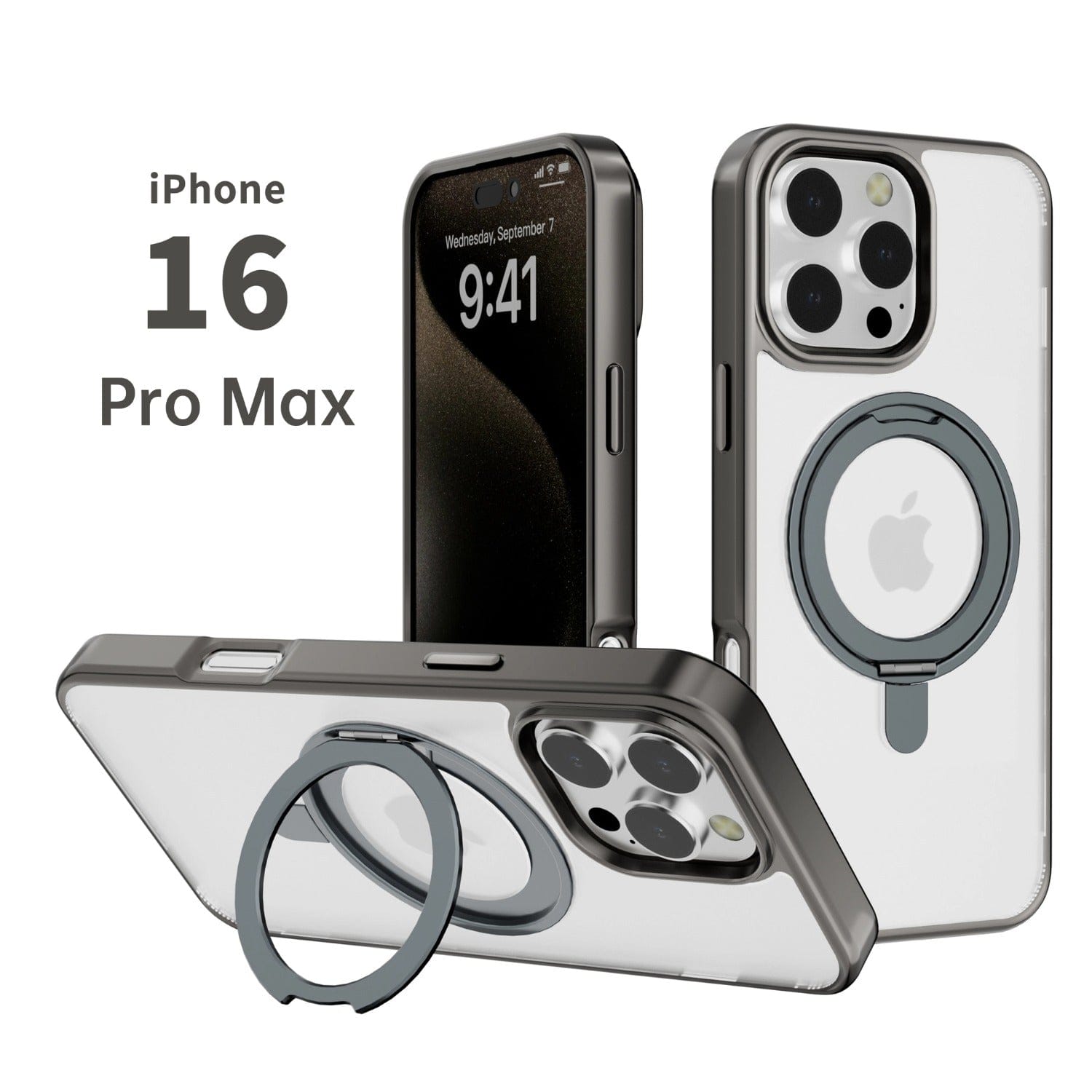 Three iPhone 16 Pro Max devices are displayed with the Premium Protective Cover featuring a clear back and metal frame, and MagSafe-compatible ring holders. Two phones are standing upright while one is lying down, all showing the screen with the date and time: Wednesday, September 7, 9:41 AM. The sleek design of these cases complements your modern lifestyle.