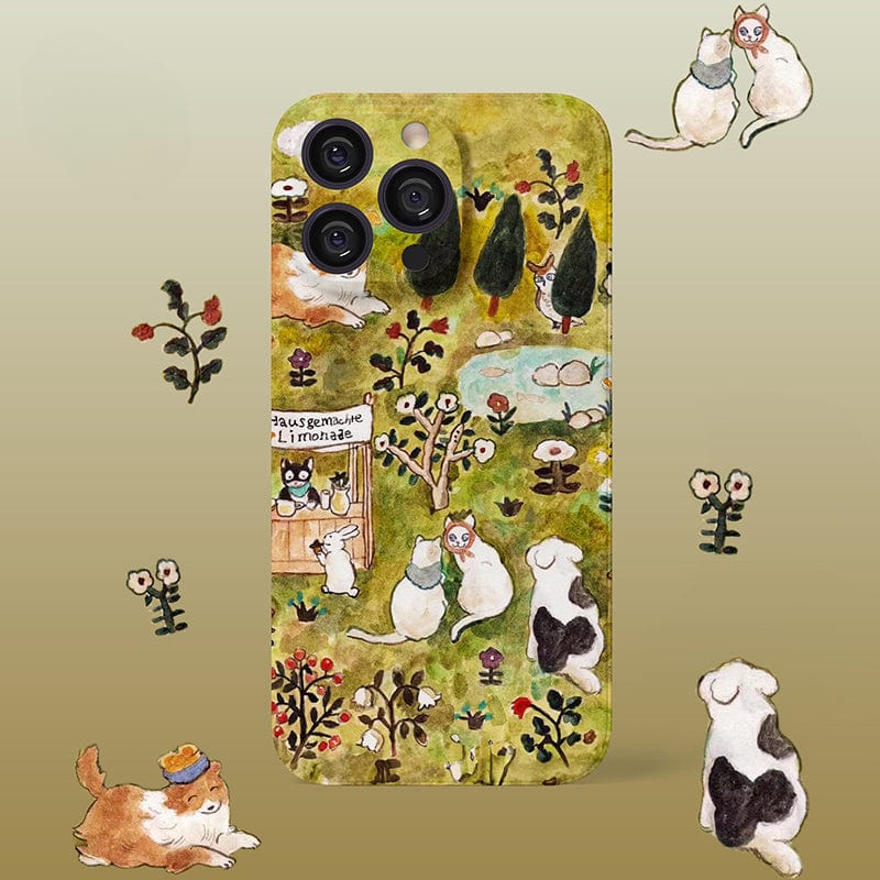 Introducing the Charming Forest Friends iPhone 16 Pro Max Case, featuring a whimsical animal village design. Playful cats frolic among blooming flowers in a lively garden scene; some interact with a lemonade stand, while others lounge or play. Surrounding the phone case are additional illustrated cats and flowers set against a gradient background for full protection and enchanting charm.