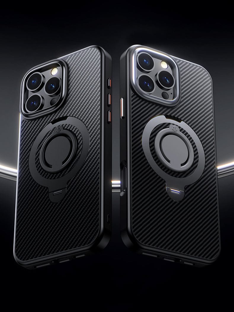 Two black iPhone 16 Pro Max Military-Grade Cases with camera lenses and circular magnetic connectors on the back face opposite directions against a dark background, showcasing their Carbon Fiber Finish and Dual Military-Grade Protection.