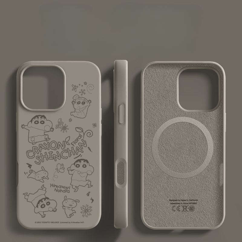 The iPhone 16 Pro Max Crayon Shin-chan Case in beige comes in a two-pack featuring delightful cartoon designs. One case highlights the outer design, while the other includes an inner lining with a circular MagSafe compatible area. Both cases offer shockproof protection and are crafted from liquid silicone for a secure and stylish fit.