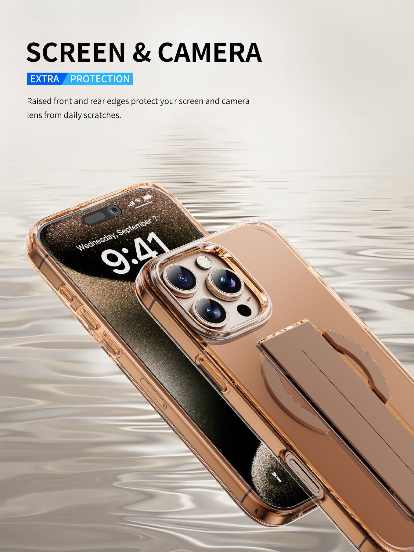 The iPhone 16 Pro Max Military-Grade MagSafe Case, a shockproof clear protective cover with a silicone grip strap, glides along a reflective surface. This bronze-colored case, offering military-grade protection, proudly displays its raised front and rear edges designed to safeguard the screen and camera.