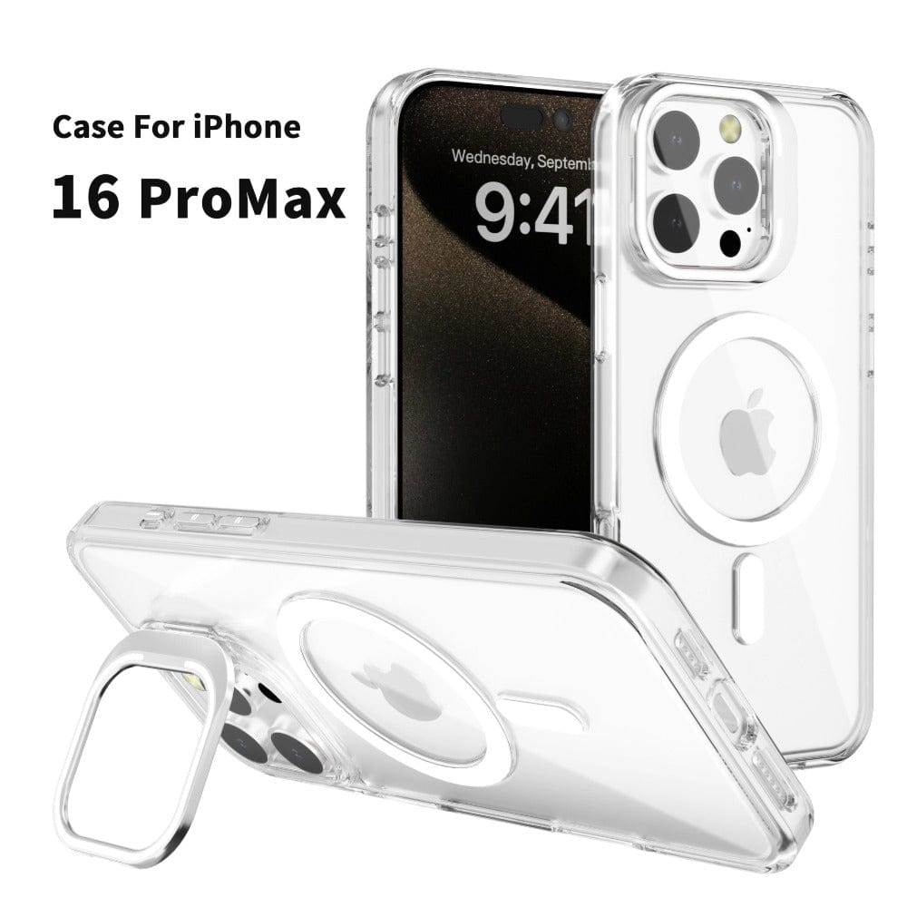 iPhone 16 Pro Max clear case with a built-in kickstand, MagSafe compatibility, camera protection, and purple accents.