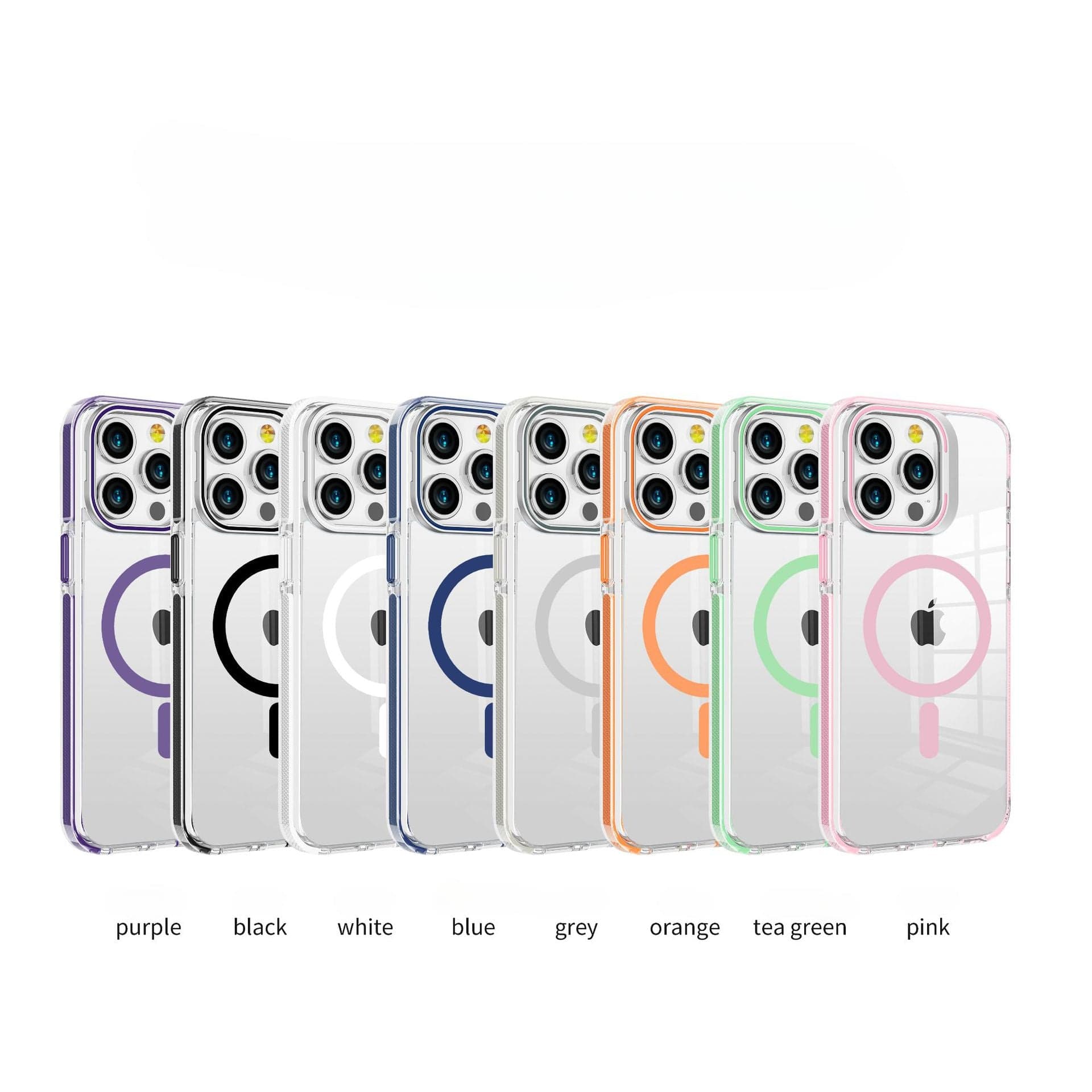 A lineup of clear iPhone 16 Pro Max cases featuring MagSafe compatibility, metal camera frames, and invisible kickstands, available in eight colors: purple, black, white, blue, grey, orange, tea green, and pink.