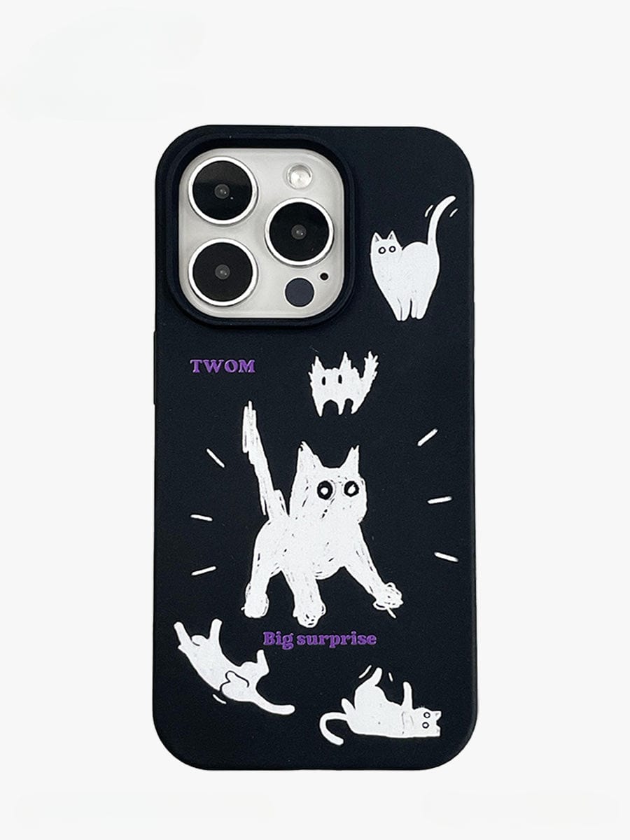 Introducing the "Big Surprise Black Cat iPhone 16 Pro Max Case," featuring playful white cartoon cats on a sleek black background. The center cat is highlighted with radiating lines, accompanied by "TWOM" text above and "Big surprise" text below. Specially designed to accommodate a dual-lens camera, this case offers comprehensive protection for your device.