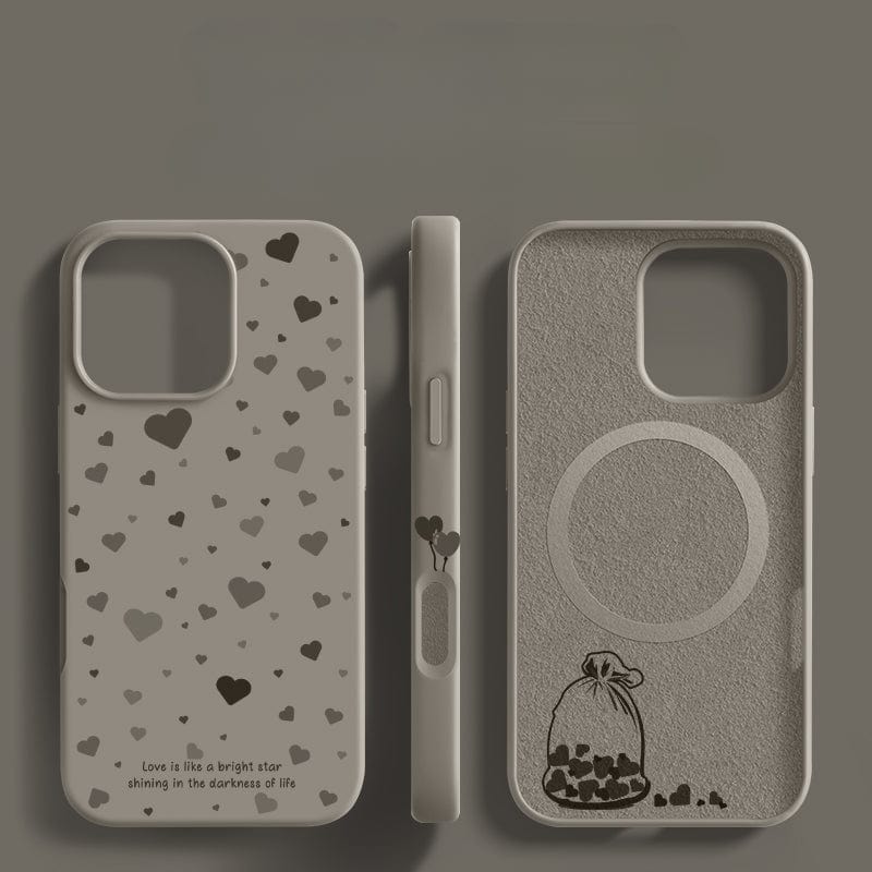 Three iPhone 16 Pro Max cases are shown: front, side, and back views. The cases feature heart designs, with one inscribed with "Love is like a bright star shining in the darkness of life." Crafted from soft liquid silicone for comprehensive protection, they offer a shockproof design and anti-fingerprint coating that makes them dust-resistant and stylishly durable.