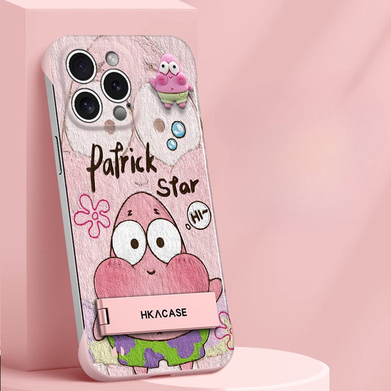 The iPhone 16 Pro Max Ultra-Thin Frameless Case with Foldable Stand, in pink and yellow, features a cartoon character named "Patrick Star" wearing green shorts, with a pink body and two large eyes. The case is predominantly pink with some decorative elements and text.