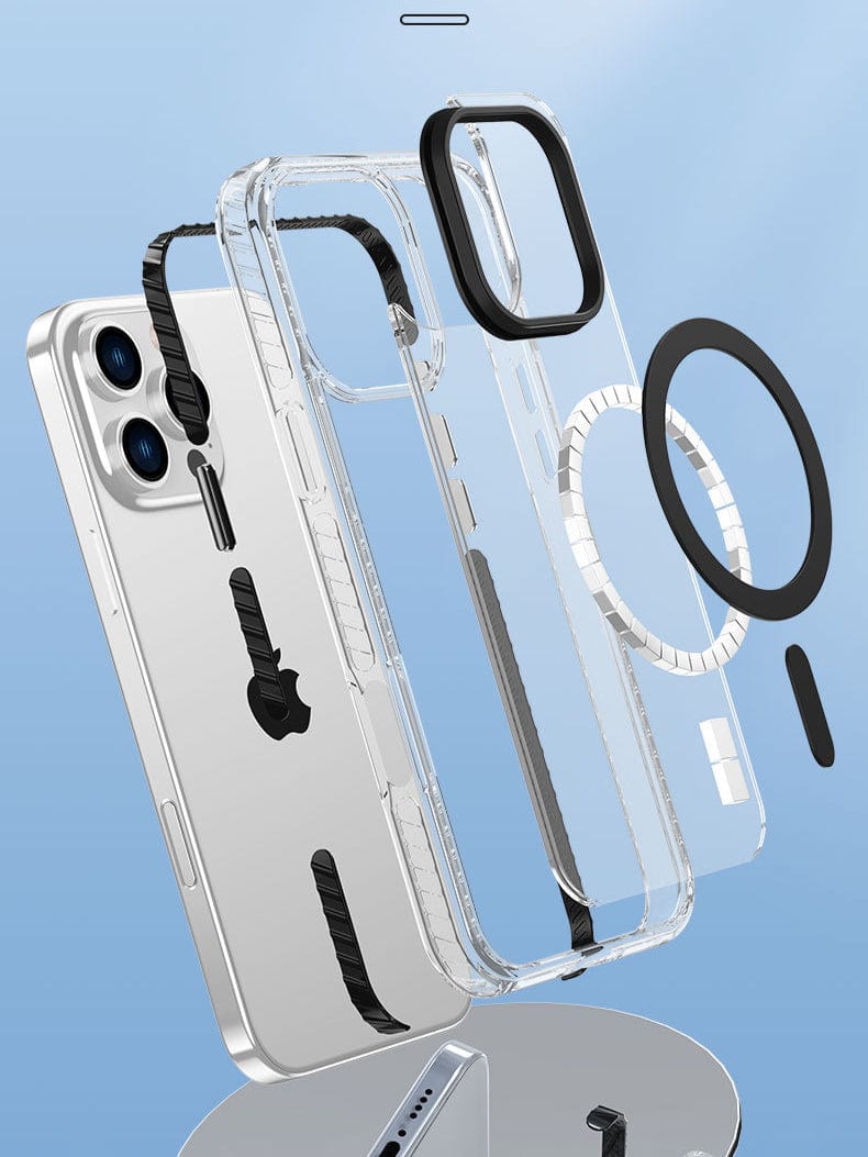 A disassembled view of the iPhone 16 Pro Max Clear MagSafe Case - Shockproof with Air Cushion Corners, TPU+PC Material, Metal Buttons, and the smartphone itself, showcasing the phone's triple camera and internal components of the case against a light blue background.