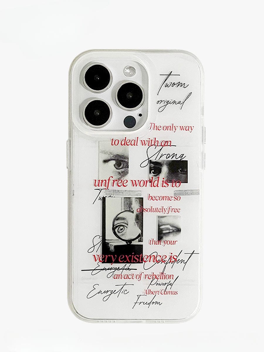 An Existential Freedom iPhone 16 Pro Max case, displayed on a white background, showcases artistic illustrations of eyes and cursive text. The text includes various inspirational quotes, some in red and others in black, featuring phrases like "The only way to deal with an unfree world is to become so absolutely free," and more.