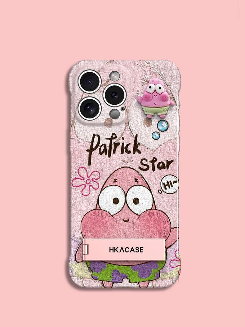 The iPhone 16 Pro Max Ultra-Thin Frameless Case by HKACASE features a playful cartoon design of Patrick Star on a pink background. This case is illustrated with a large pink starfish and "Patrick Star" written above it, and includes an integrated foldable stand for added convenience.