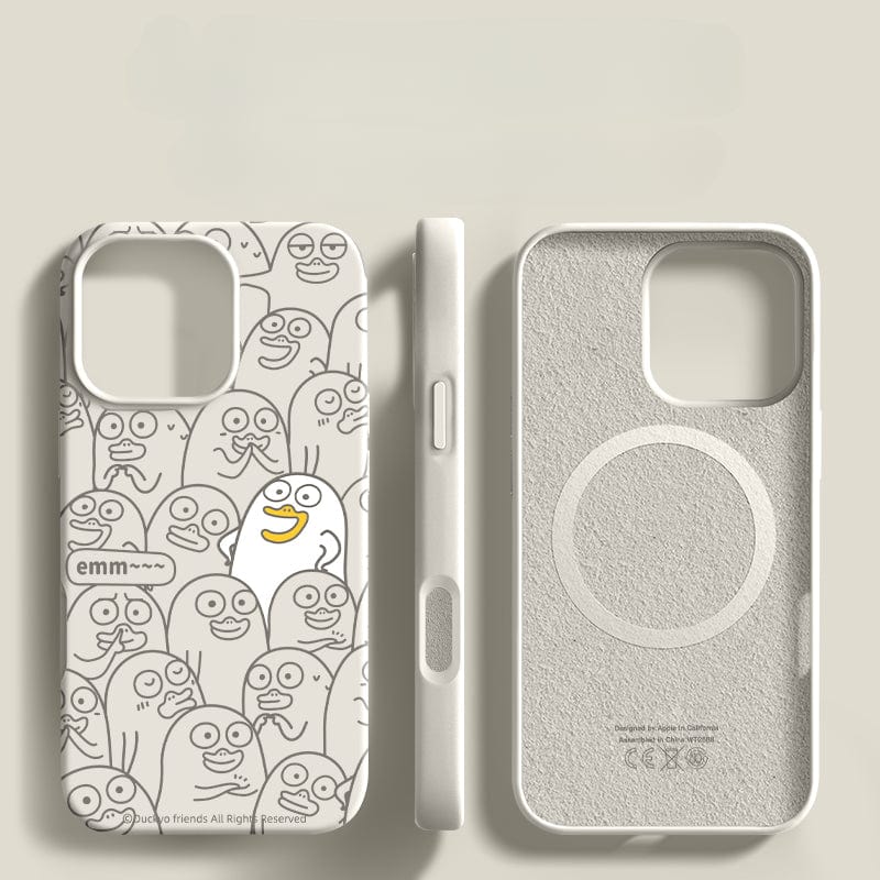 Emm Duck iPhone 16 Pro Max case featuring a cartoon face pattern, with one notable white, smiling face. This full-coverage protective silicone cover is shockproof, anti-yellowing, and washable. The product is presented from three angles: front, side, and inside.