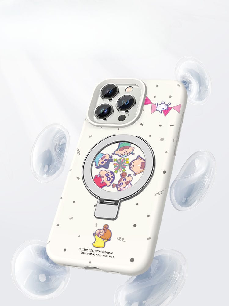 The iPhone 16 Pro Max Cartoon MagSafe Case features small character designs within a rotating window, transparent cushioning around the edges, and is crafted from liquid silicone for enhanced durability. It also comes with a ring stand for added convenience and offers shockproof protection.