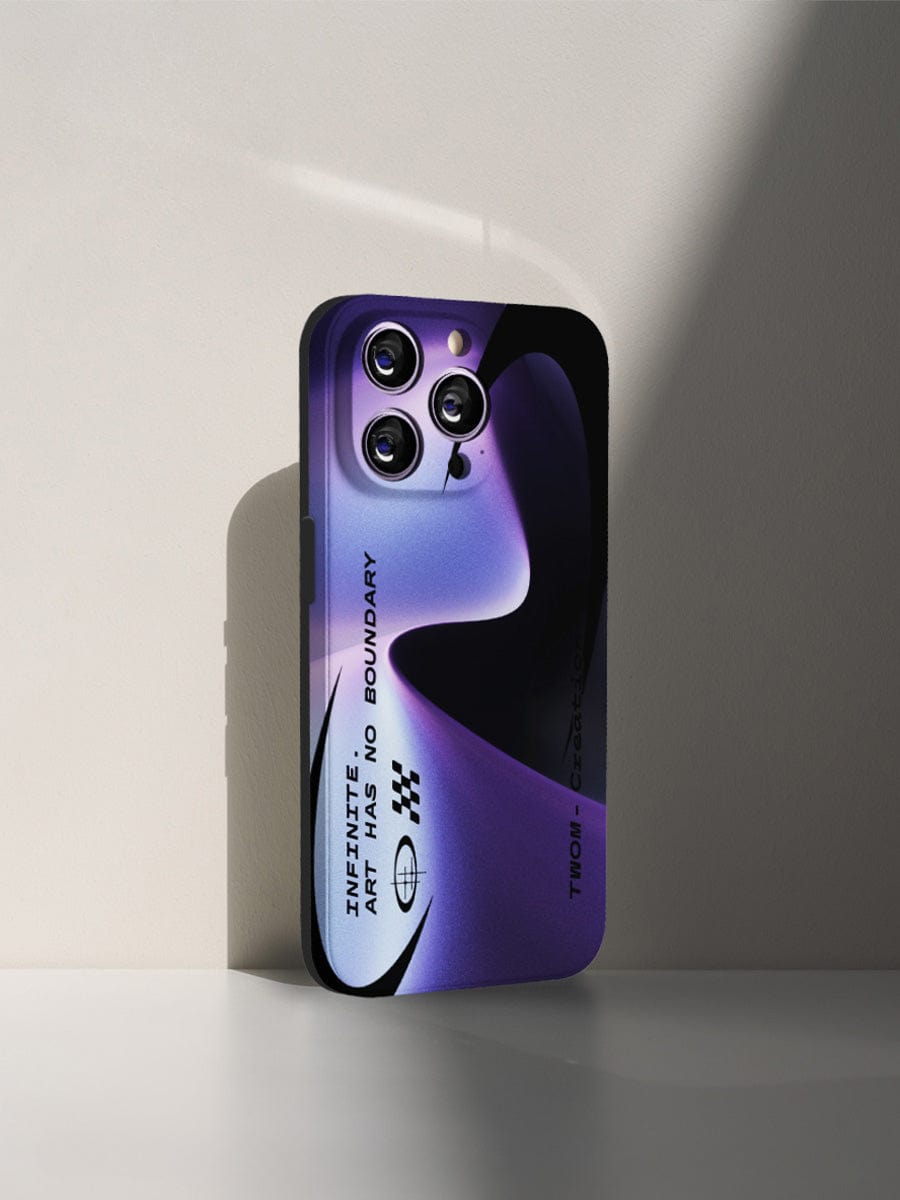 An Infinite Art iPhone 16 Pro Max Case with a futuristic gradient design in purple and black stands upright against a light-colored wall.