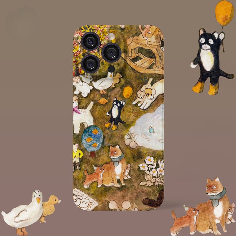 Introducing the **Charming Woodland Animals iPhone 16 Pro Max Case**: This ultra-slim, durable cover showcases a whimsical nature scene with delightful illustrations of dogs, cats, ducks, and birds playfully interacting in a vibrant garden. The design also features balloons, flowers, and a small pond, adding to its cheerful appeal.