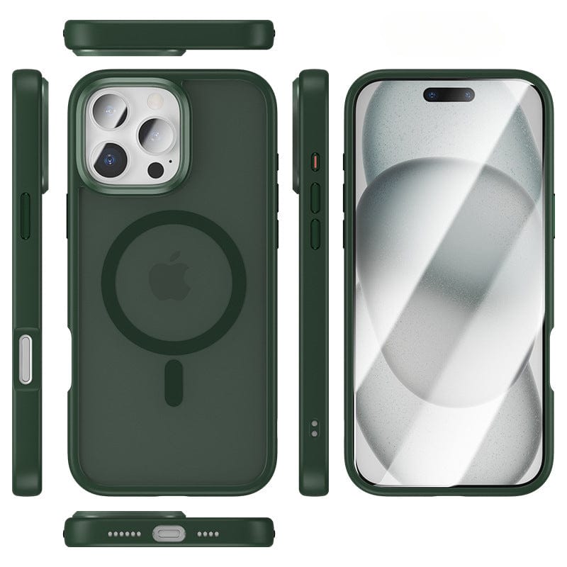 The iPhone 16 Pro Max MagSafe Case | Golden Shield is displayed from multiple angles, showcasing the back, sides, and front of an iPhone. This case features a circular MagSafe design, an aluminum alloy camera frame for extra protection, and precise cutouts for buttons and ports. Its anti-fingerprint and shockproof properties enhance both usability and durability.