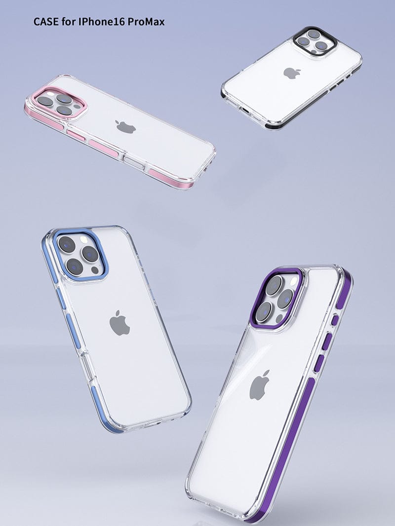 Four iPhone 16 Pro Max Clear Cases with TPU Bumpers, featuring colors in pink, black, blue, and purple, are displayed against a light background.