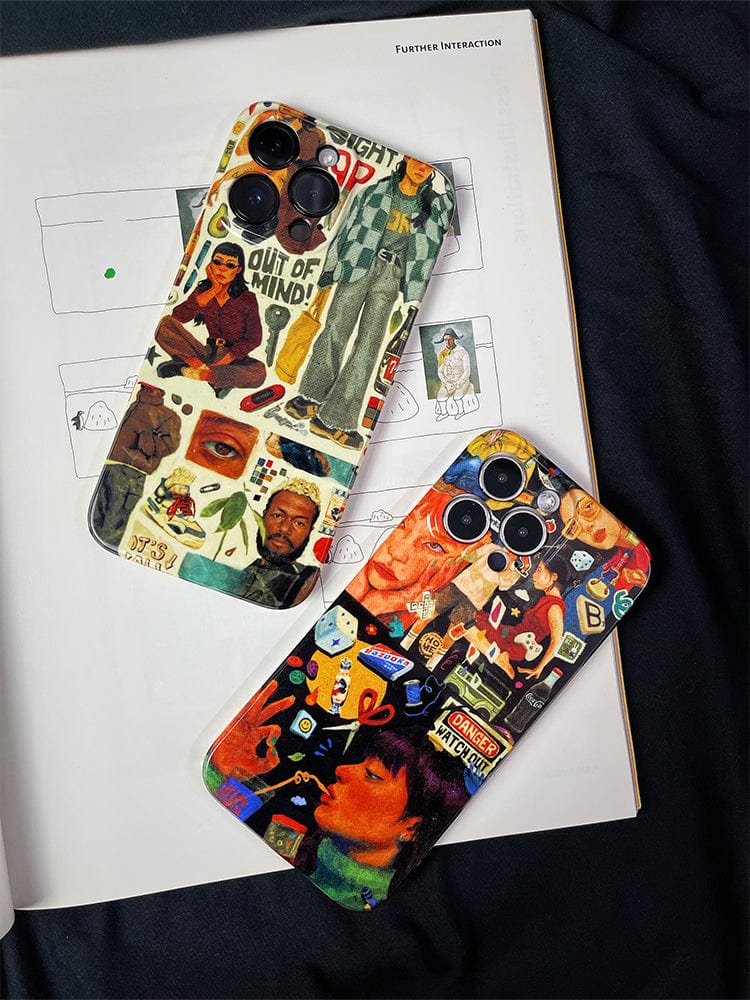 Two iPhones with Eclectic Pop Culture Collage iPhone 16 Pro Max Cases are placed on an open book. The cases feature a vibrant, retro-inspired mix of vintage advertisements, pop culture references, and artistic illustrations. The background includes partially visible content and drawings from the book.