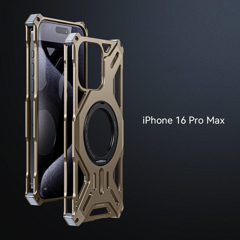 The image showcases an iPhone 16 Pro Max encased in an iPhone 16 Pro Max Aerospace Aluminum MagSafe Case featuring a metallic protective design, crafted from aerospace aluminum alloy for maximum durability. The phone is presented against a dark background, emphasizing its MagSafe compatibility.