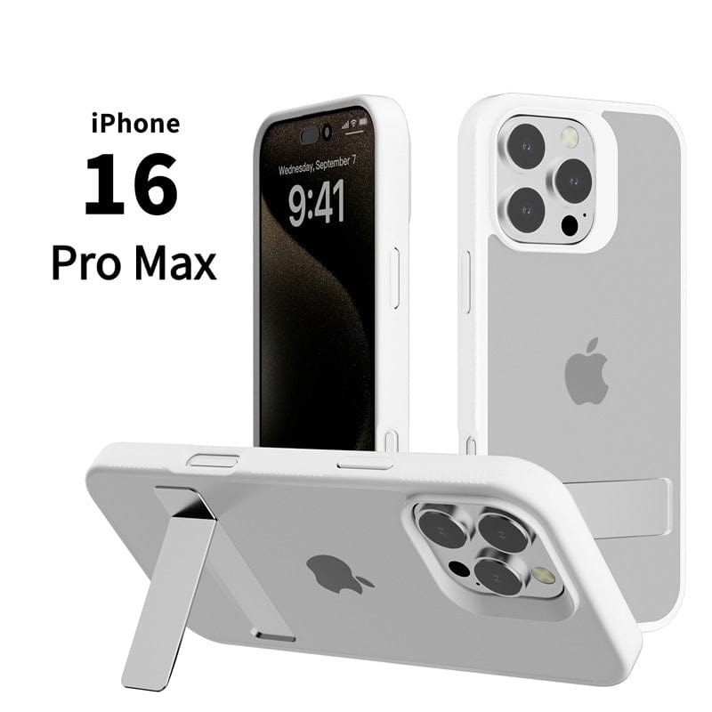 Three iPhone 16 Pro Max phones are displayed: two from the back and one from the front. Each is encased in a sleek, white iPhone 16 Pro Max Case with a Foldable Kickstand, Soft-Touch Finish, and Slim TPU Protective Cover. The time on the front phone reads 9:41.