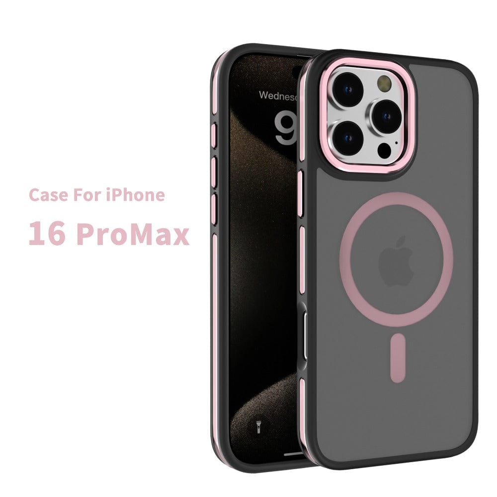 A dual-color TPU black and pink Soft-Touch iPhone 16 Pro Max case with a visible MagSafe ring on the back, designed as a shockproof protective cover.