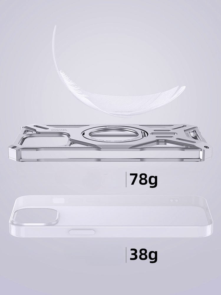 A feather, an iPhone 16 Pro Max Aerospace Aluminum MagSafe Case | 360° Ring Kickstand, Shockproof Metal Cover labeled "78g" crafted from premium aerospace aluminum alloy, and a clear phone case labeled "38g" are shown.