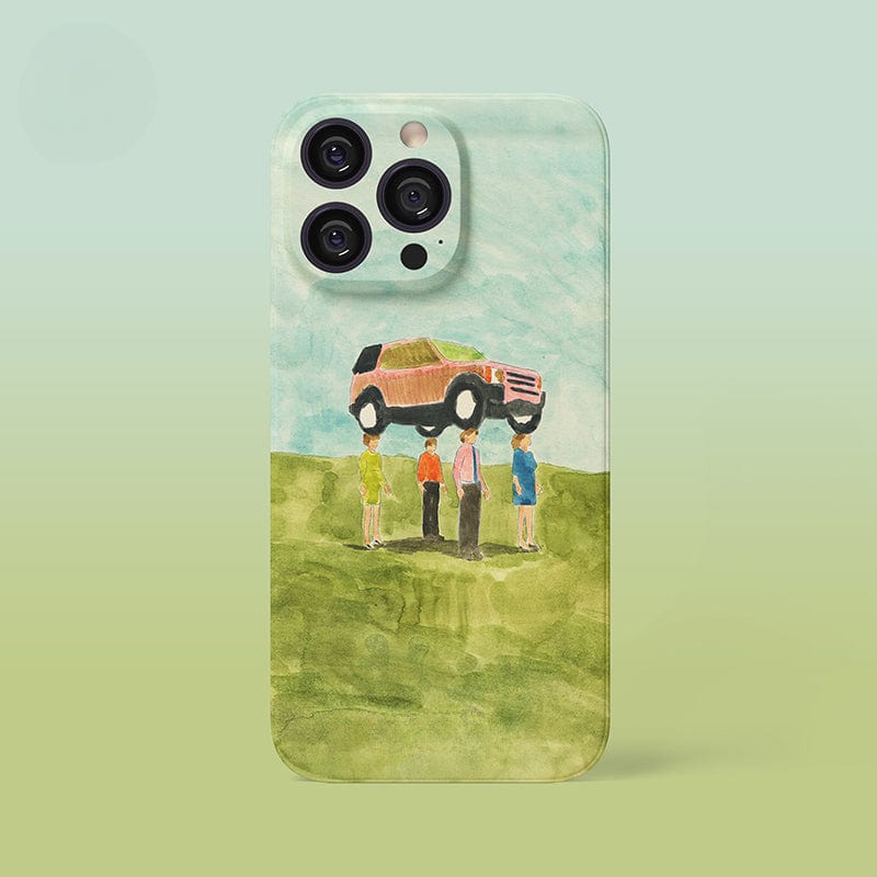 The Surreal Car Lift iPhone 16 Pro Max Case features a whimsical watercolor illustration of four people lifting a car together, set against a green landscape background, perfectly fitted to an iPhone 16 Pro Max with its three-camera lens setup.