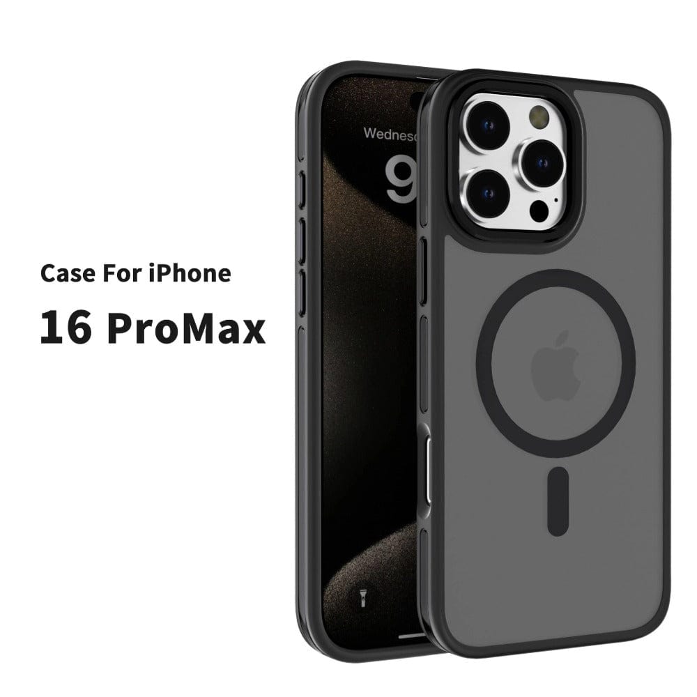 A transparent black Soft-Touch iPhone 16 Pro Max Case with a circular MagSafe outline, featuring a dual-color TPU design and offering shockproof protection that wraps perfectly around the device.