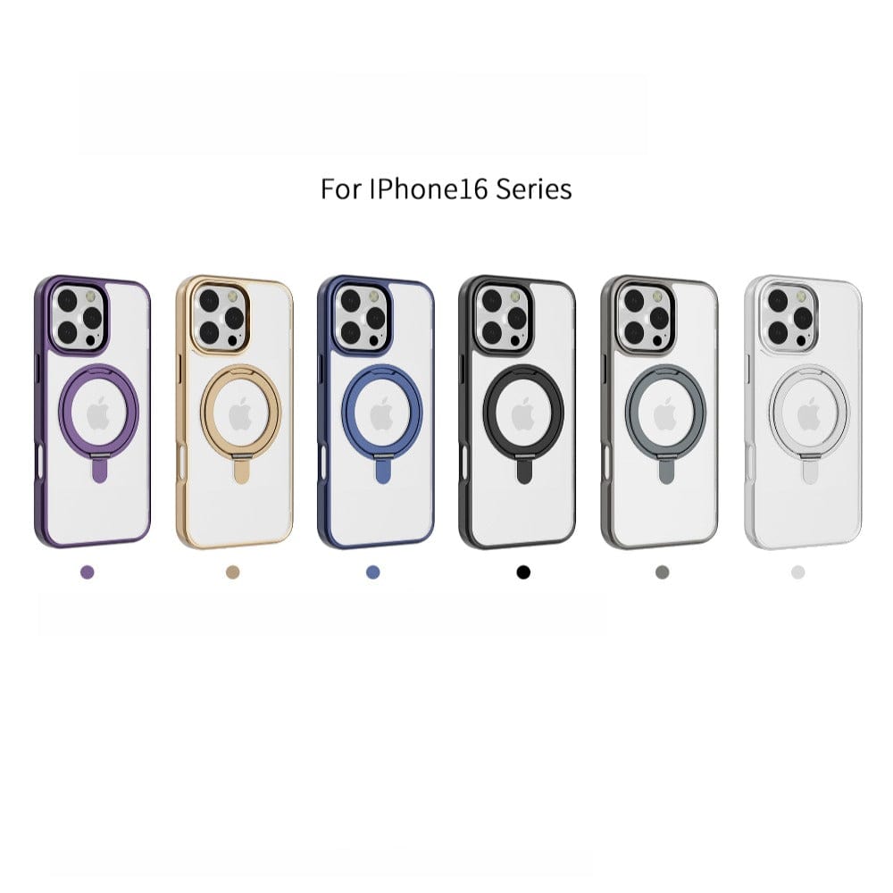 Five iPhone 16 Pro Max Cases with Ring Holders, each in a different color and designed with large camera cutouts and circular magnetic areas, are displayed in a row.