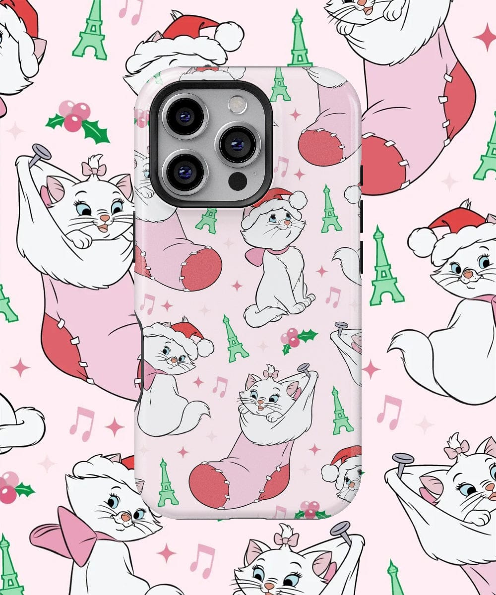 Embrace a Parisian Christmas vibe with the Parisian Christmas Cat iPhone 16 Pro Max Case – Festive Kitty Design. This case adorns your device with animated white kittens in Santa hats, pink stockings, green Eiffel Towers, and musical notes on a light pink background. Enjoy the festive flair while benefiting from its MagSafe compatibility.