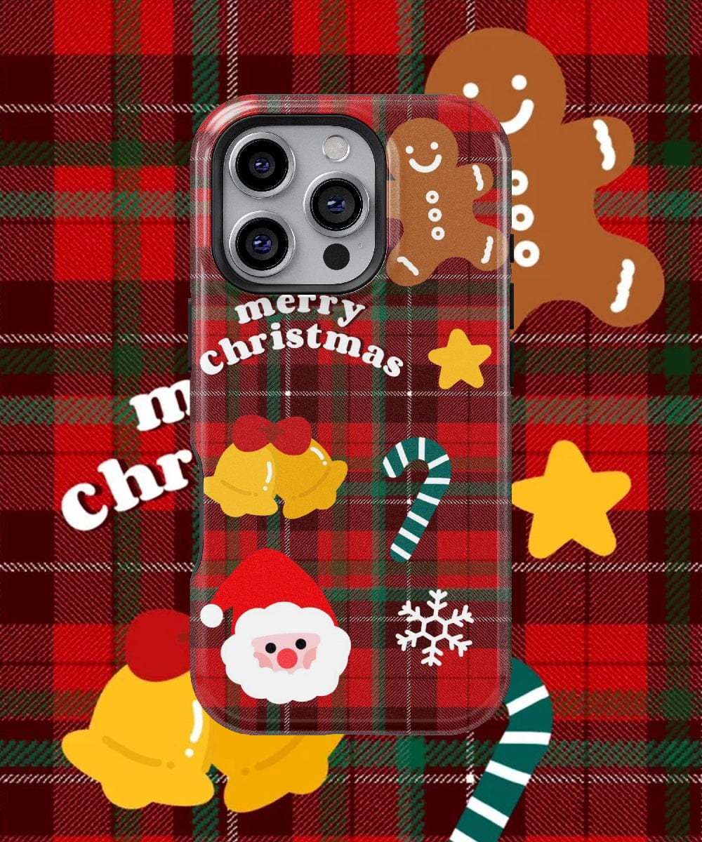 Plaid Christmas iPhone 16 Pro Max Case – Classic Holiday Design with festive icons on a red plaid background, including Santa, gingerbread, bells, candy cane, stars, snowflake, and "Merry Christmas" text. This MagSafe compatible case offers dual-layer protection to keep your phone safe throughout the holiday season.