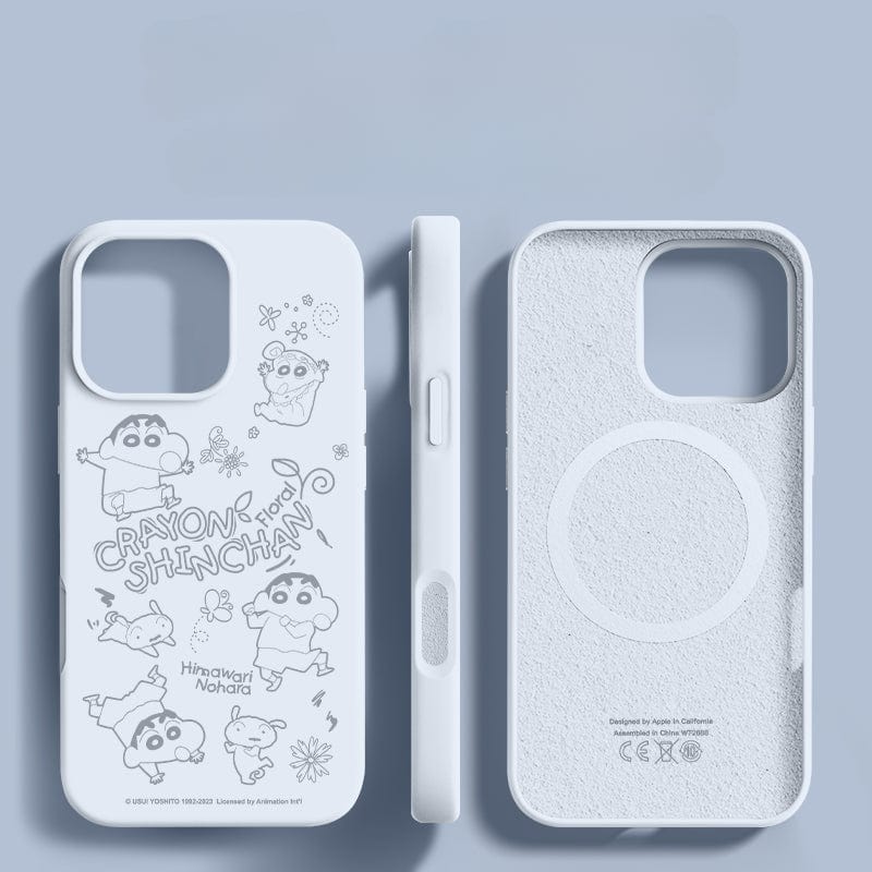 Three views of the iPhone 16 Pro Max Crayon Shin-chan Case - Liquid Silicone, Shockproof, Slim Fit Protective Cover featuring "Crayon Shin-chan" character illustrations: the back, side, and inside. The back has playful cartoon designs, while the premium liquid silicone exterior provides triple-layer shockproof protection. Inside shows a MagSafe charging area.