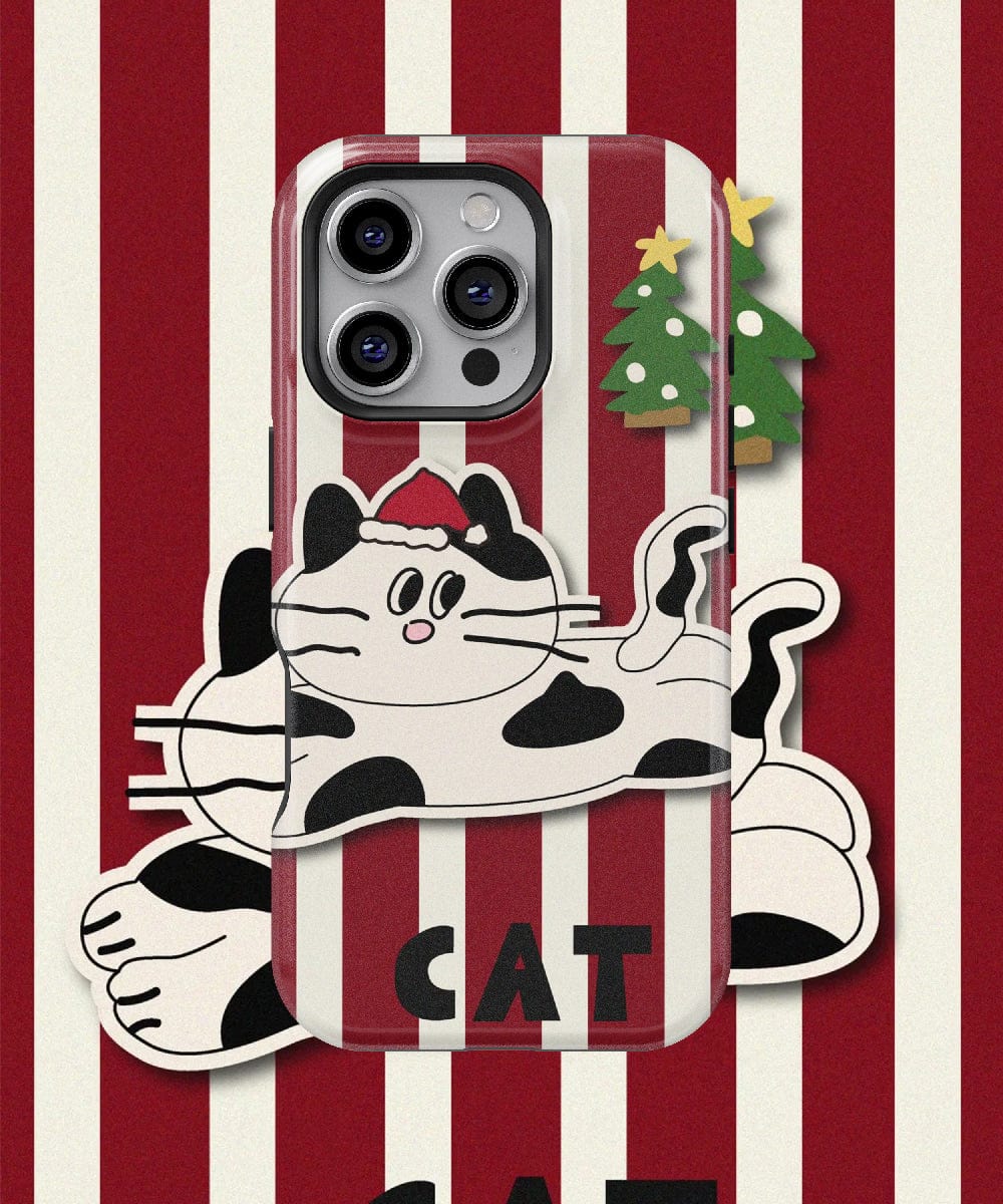 This Festive Striped Cat iPhone 16 Pro Max Case, featuring a playful holiday cat design, showcases a cartoon black-and-white cat in a Santa hat against bold red stripes. A charming Christmas tree decoration adds an extra touch of holiday cheer, making it both stylish and seasonal. Plus, it's MagSafe compatible for added convenience.