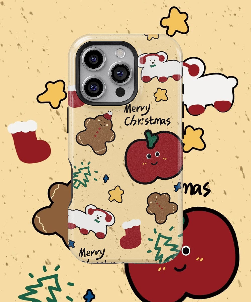 The Cute Christmas Treats iPhone 16 Pro Max Case – Festive Gingerbread, Stockings & Stars, MagSafe Compatible, showcases delightful Christmas-themed illustrations of cookies, stars, and stockings with the text "Merry Christmas" on a beige background. This case combines festive style with dual-layer protection for your phone this holiday season.