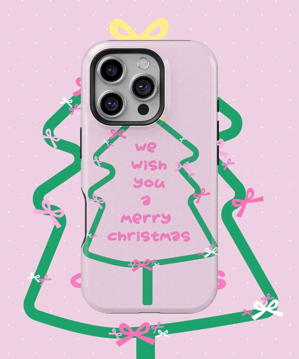 Introducing the "Merry Christmas Tree iPhone 16 Pro Max Case" – this festive pink and green design spreads holiday cheer with "We Wish You a Merry Christmas," offering both dual-layer protection and MagSafe compatibility for optimal style and function.