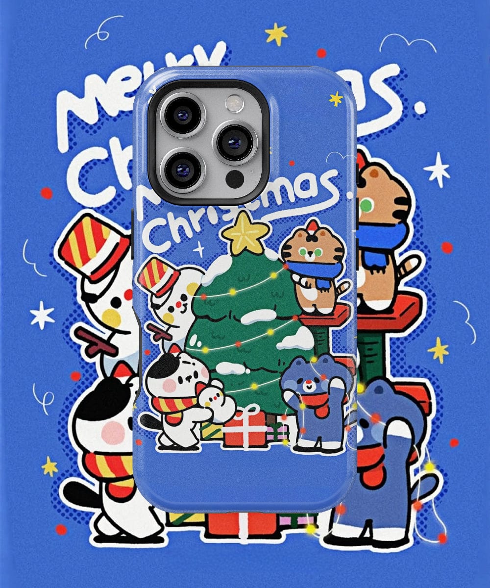 This iPhone 16 Pro Max case, featuring charming cartoon characters dressed in festive outfits and decorating a Christmas tree with gifts, is MagSafe compatible. The blue "Merry Christmas" case provides dual-layer protection for your device.