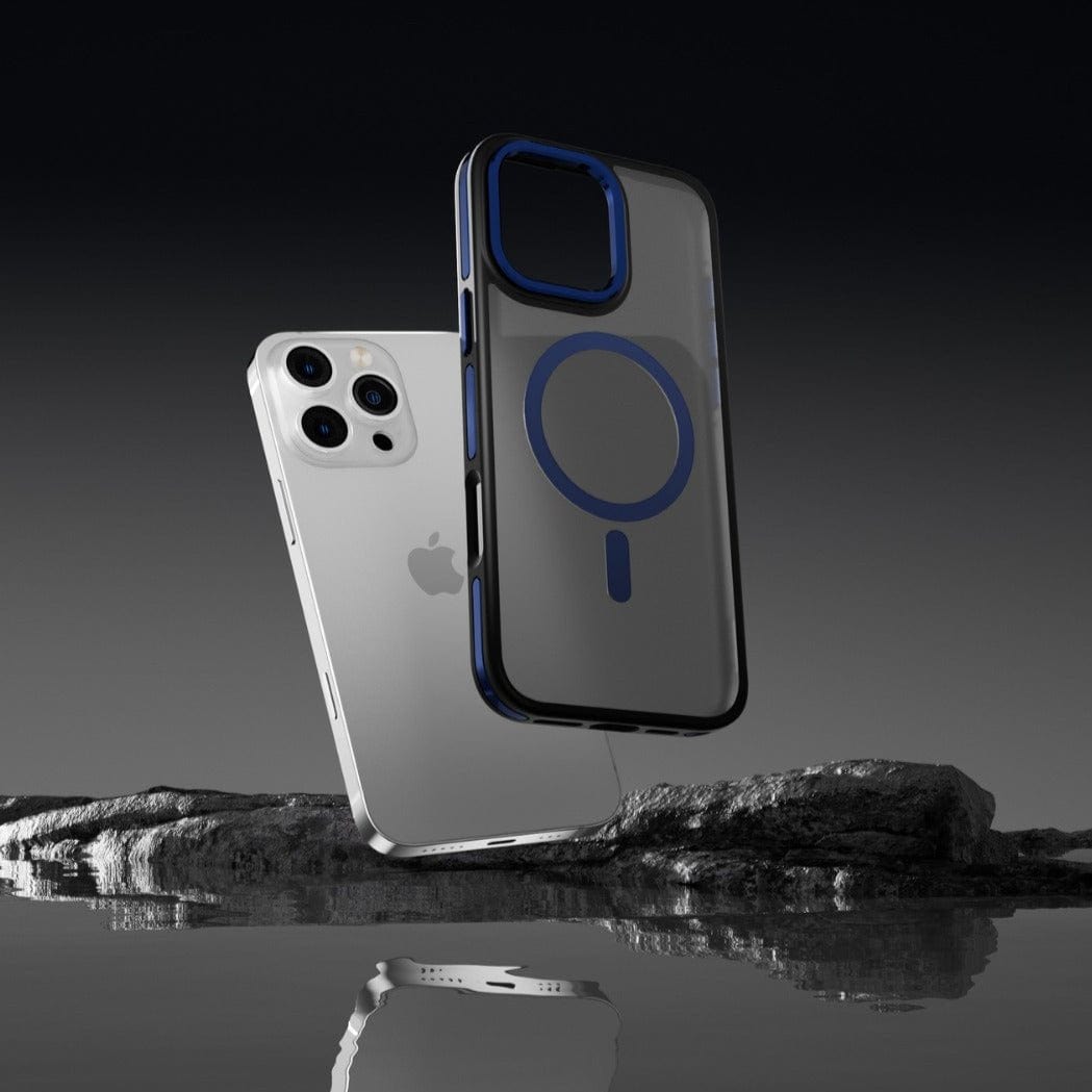 A smartphone with a triple-lens camera and a Soft-Touch iPhone 16 Pro Max Case featuring a dual-color TPU design with MagSafe hovers against a dark background.