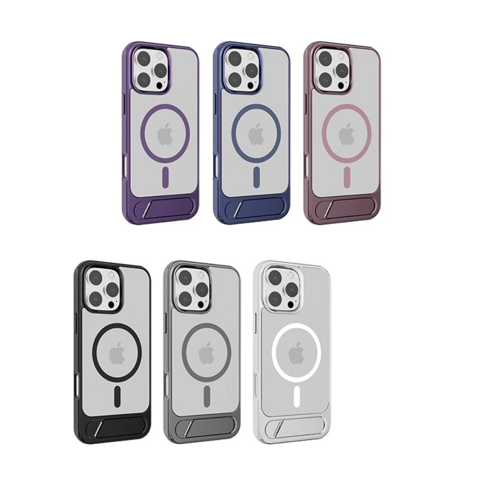 Six distinct MagSafe Compatible iPhone 16 Pro Max Cases with kickstands are available in various colors, including purple, blue, dark brown, black, grey, and white. Each case features visible Apple logos and MagSafe rings.