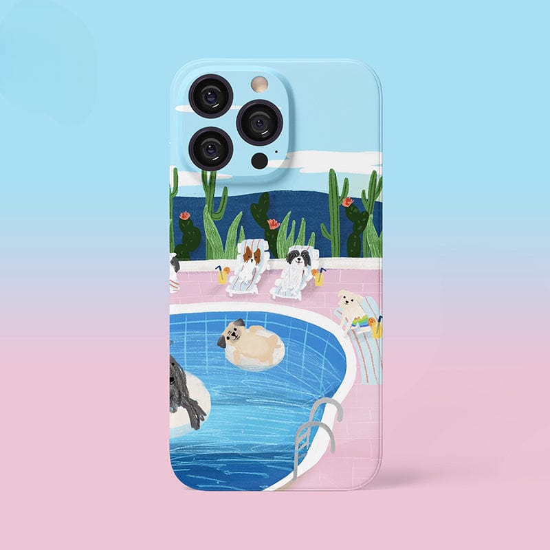 An iPhone 16 Pro Max Case with Relaxing Poolside Dogs - Cute and Protective, featuring an illustration of dogs lounging by a swimming pool. Some dogs are sitting on poolside chairs, while others are floating on pool inflatables. The background includes cacti and a blue and pink gradient sky.