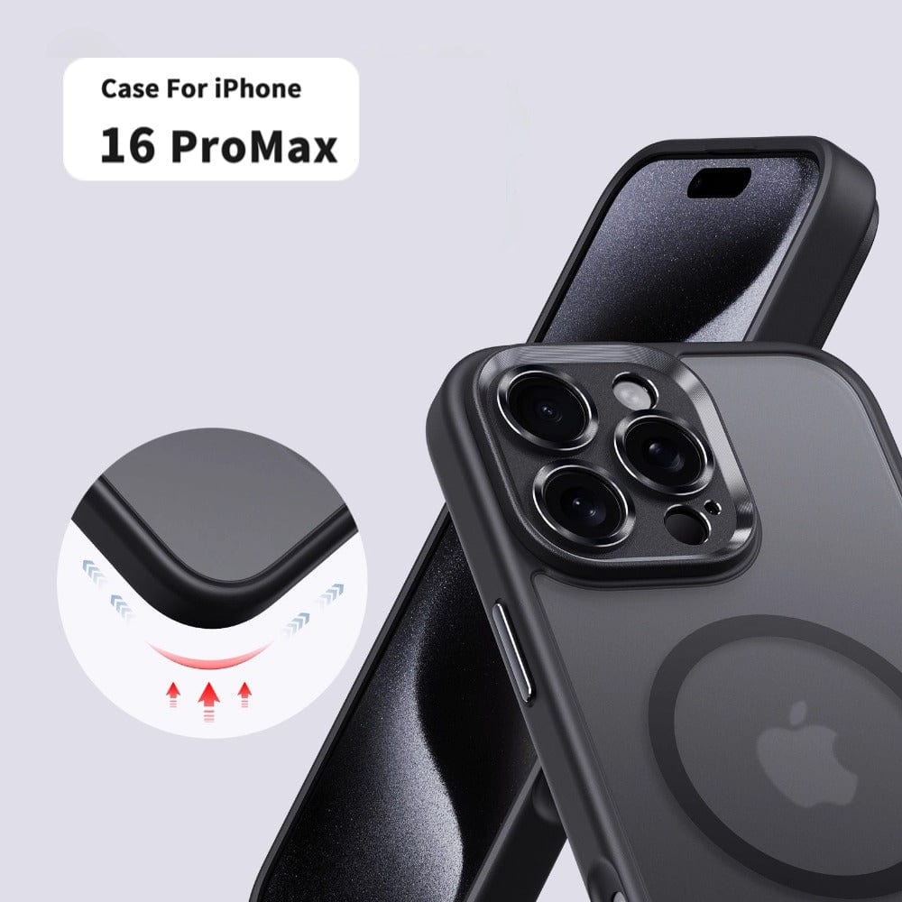 A protective Durable MagSafe iPhone 16 Pro Max case, featuring a shockproof air cushion, camera protection, and TPU+PC material for durability.