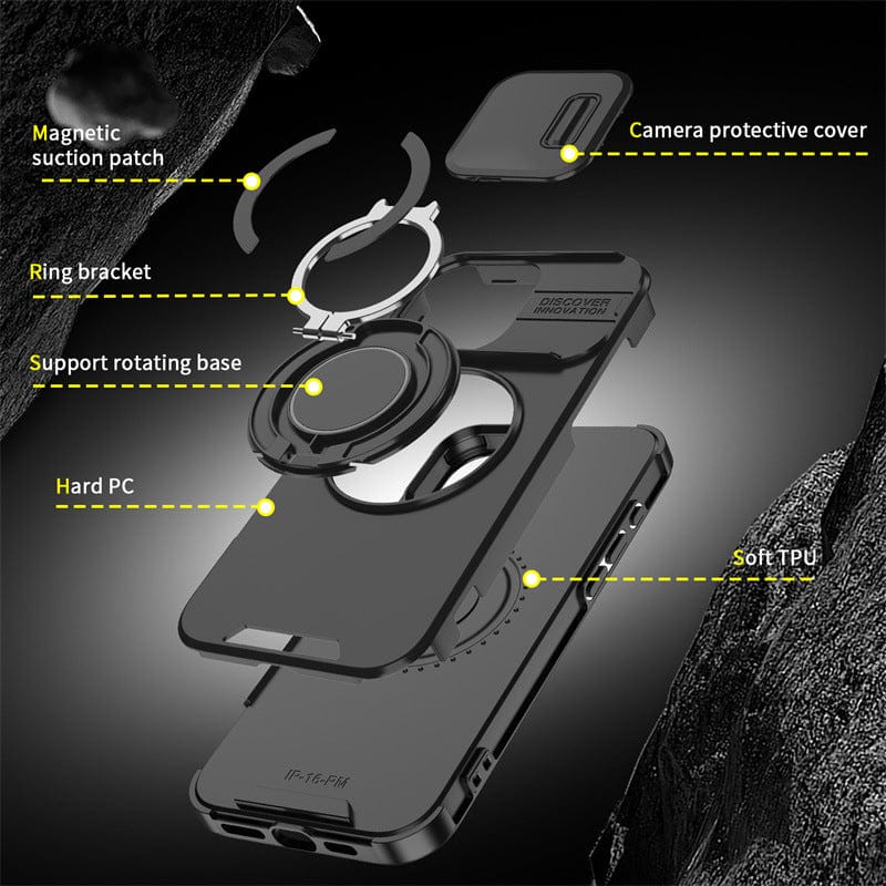 Exploded view of the iPhone 16 Pro Max Case - MagSafe Compatible, showcasing components: sliding camera cover, magnetic suction patch (for MagSafe compatibility), ring bracket, support rotating base, hard PC layer, and soft TPU layer.