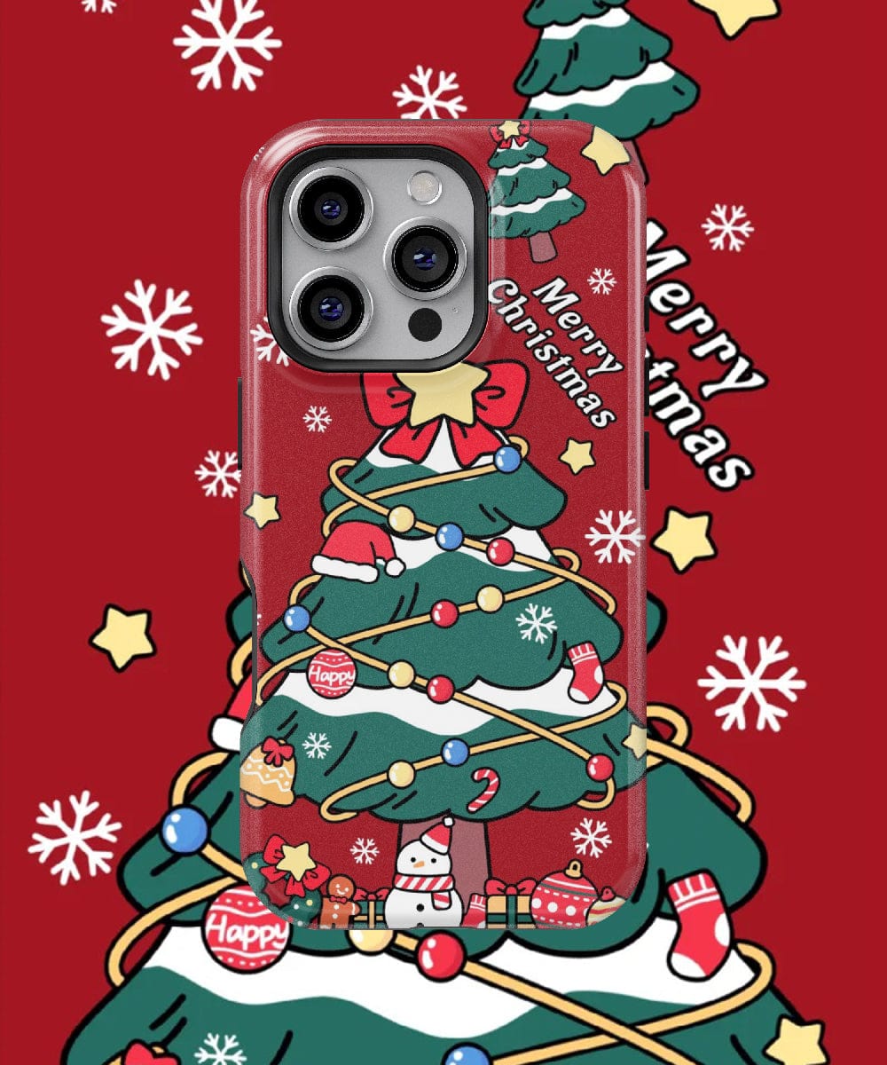 The Christmas Tree iPhone 16 Pro Max Case features a festive holiday design adorned with cute ornaments on a vibrant red background. It provides dual-layer protection and is MagSafe compatible, making it both stylish and practical for the holiday season.