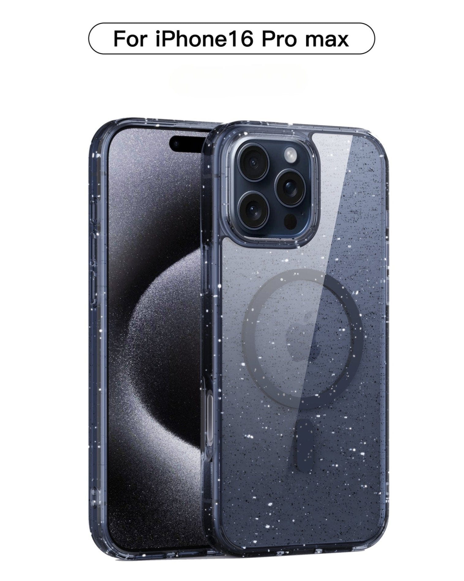 Slim Clear MagSafe iPhone 16 Pro Max case made from TPU material with a speckled design, featuring air cushion corners and a visible circular magnetic charging pad on the back, which is both anti-fingerprint and anti-stain.