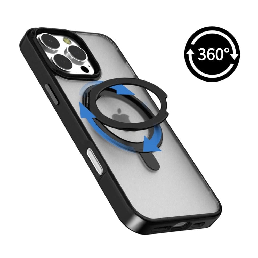 A sleek iPhone 16 Pro Max Case with Ring Holder, featuring a transparent back and a sturdy metal frame, is shown from the back. It offers precise cutouts for the camera and buttons along with a 360-degree rotating ring holder for added convenience. The case is also MagSafe compatible, providing premium protection for your device.