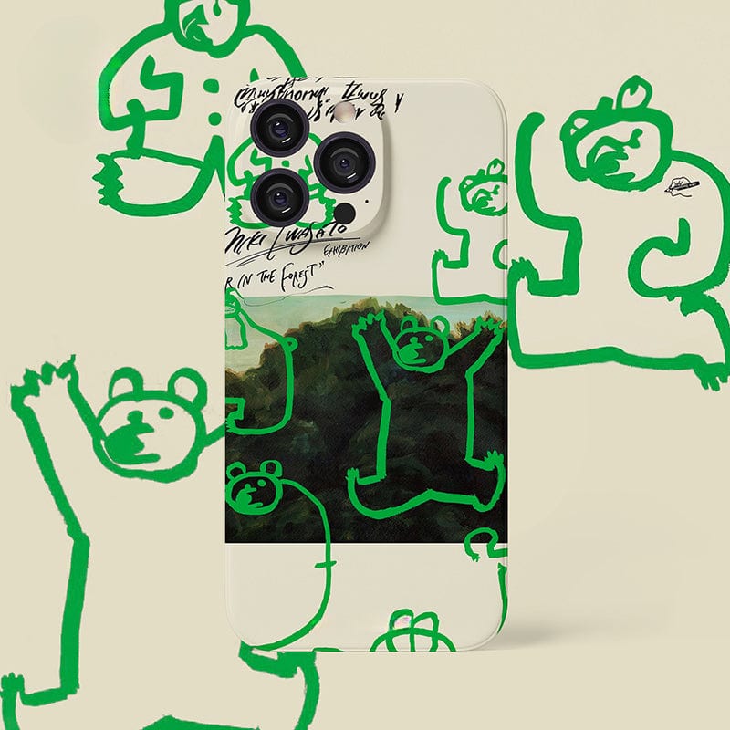 The Unique Green Bear Graphic iPhone 16 Pro Max Case boasts playful bear doodles and whimsical text, set against a lush greenery landscape. The phone case design features green bears on a light background, offering an ultra-slim profile with full-edge protection.