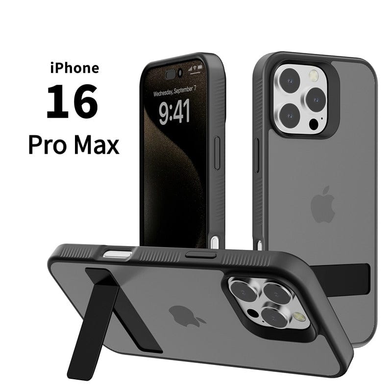 Three angles of an iPhone 16 Pro Max with a sleek "iPhone 16 Pro Max Case with Foldable Kickstand | Soft-Touch Finish | Slim TPU Protective Cover" featuring a built-in stand. The screen displays the time 9:41 and the date Wednesday, September 7. The case is shown standing upright and lying down, highlighting its versatile functionality.