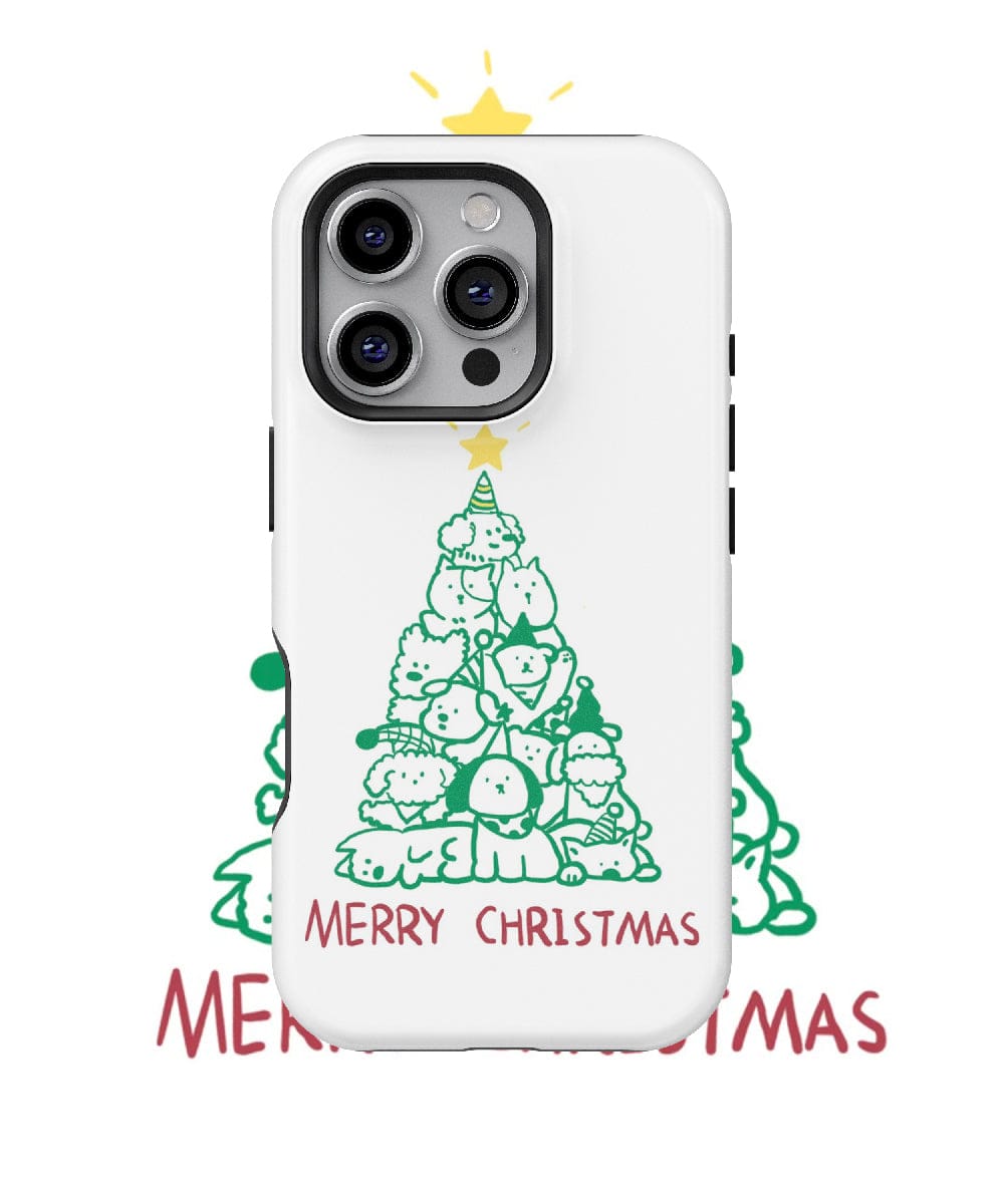 This Cute Animal Christmas Tree iPhone 16 Pro Max Case features a green cartoon cat dressed as a festive Christmas tree topped with a star, complete with the joyful message "Merry Christmas." Additionally, it is MagSafe compatible for seamless charging and convenience.