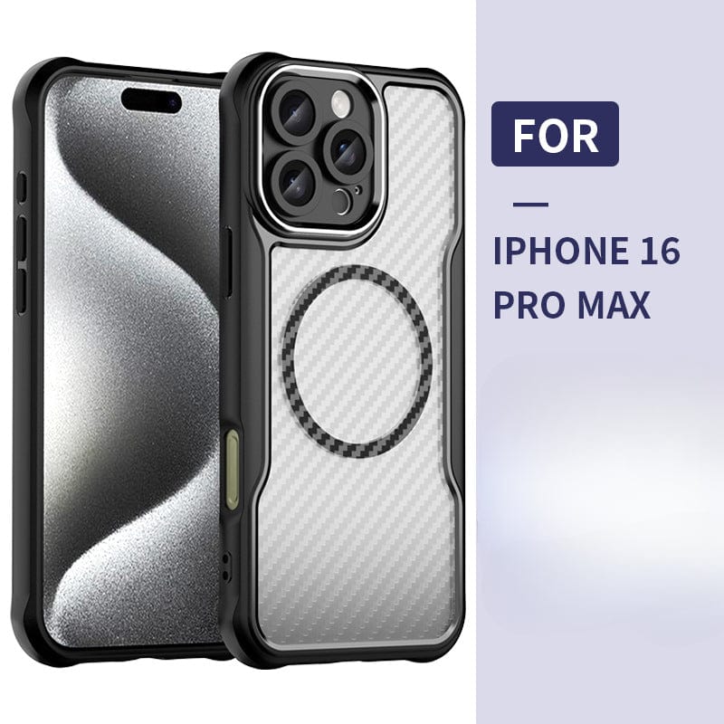 iPhone 16 Pro Max Case - Semi-Transparent Carbon Fiber + PC Material, featuring a MagSafe compatible design with rugged black borders and a circular pattern on the back. The text "FOR IPHONE 16 PRO MAX" is prominently displayed on a sleek grey background, adding to its shockproof airbag corners and matte finish.