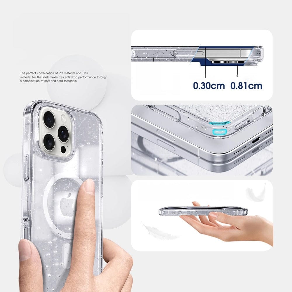 A Slim Clear MagSafe iPhone 16 Pro Max Case featuring glitter details is shown from various angles. An illustration highlights the phone's thickness specifications of 0.30 cm and 0.81 cm, while hands are holding the phone and case made of TPU material with air cushion corners, anti-fingerprint, and anti-stain properties.