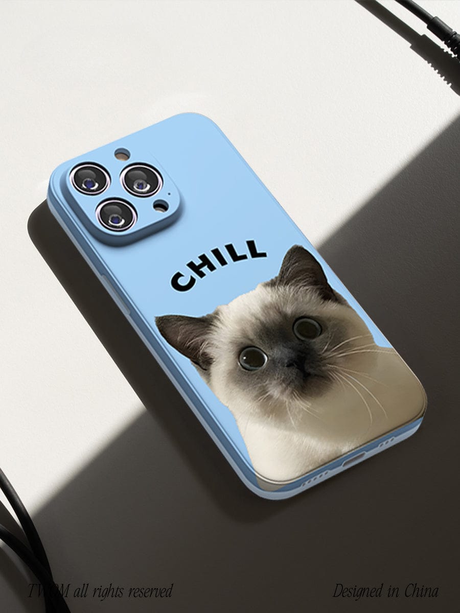 A Chill Cat iPhone 16 Pro Max Case with an adorable kitten design featuring a cat with wide eyes and the word "CHILL" written above it rests on a flat surface. Two black cables are partially visible, and there are text elements "TVXM all rights reserved" and "Designed in China" on the surface.