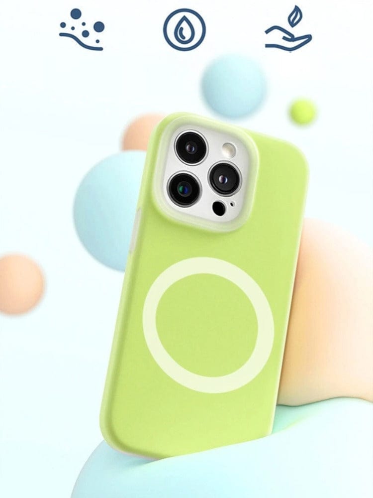 A MagSafe Compatible iPhone 16 Pro Max Case - Premium Liquid Silicone Gel in green, featuring a circular design on the back against a soft background with colored spheres, is highlighted. Icons above indicate its water resistance, durability, and eco-friendliness.